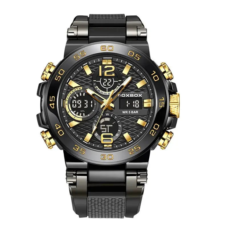 FOXBOX men's business diver watch with black and gold stainless steel band and chronograph