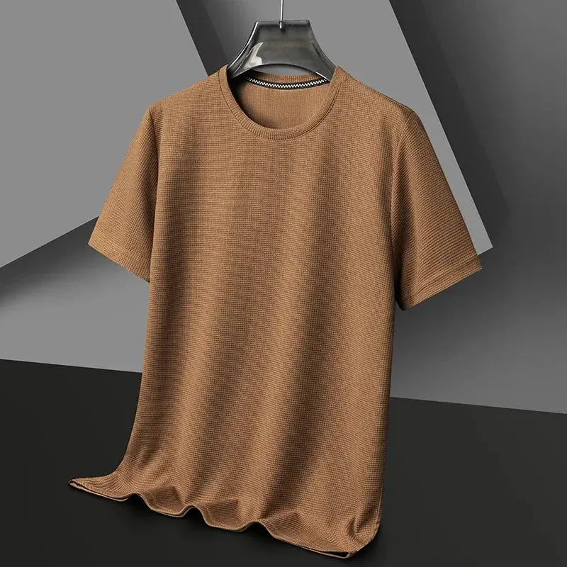 New Summer Waffle Round Neck Short Sleeve T Shirt For Men Comfortable Breathable Everyday Top