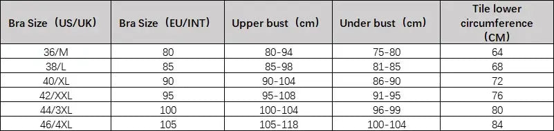 Simples Market bra size chart with US/UK 36–46M, EU/INT 80–105, upper bust 80–118 cm, and under bust 75–104 cm.