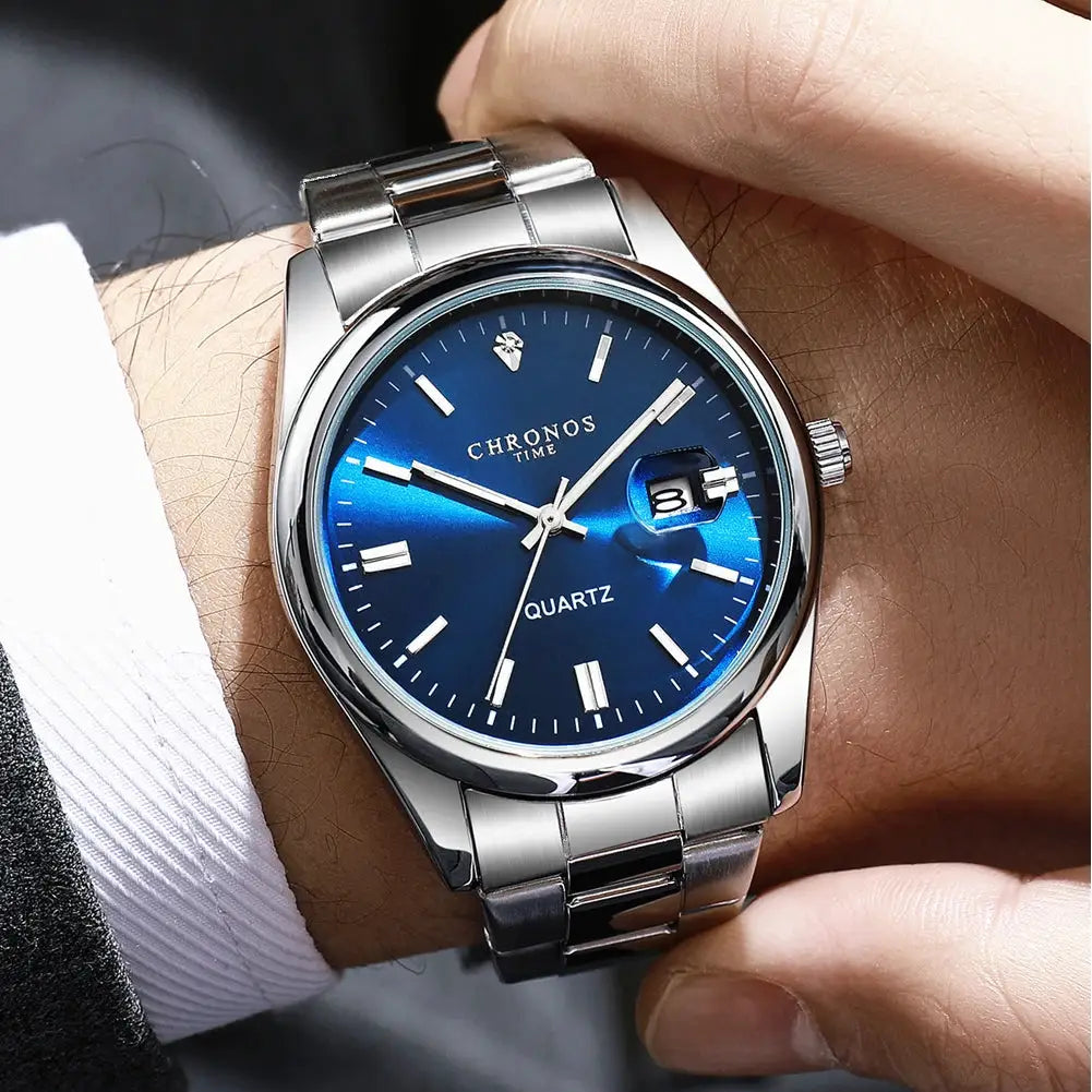 Chronos Luxury Mens Stainless Steel Wristwatch Waterproof Luminous Hands Date Quartz Movement