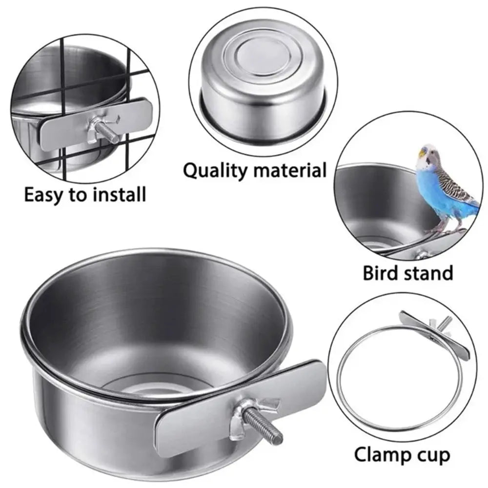Stainless Steel Clamp On Parrot Rabbit Hamster Pet Bowl Water Feeder Cage Cup Hanging Dish