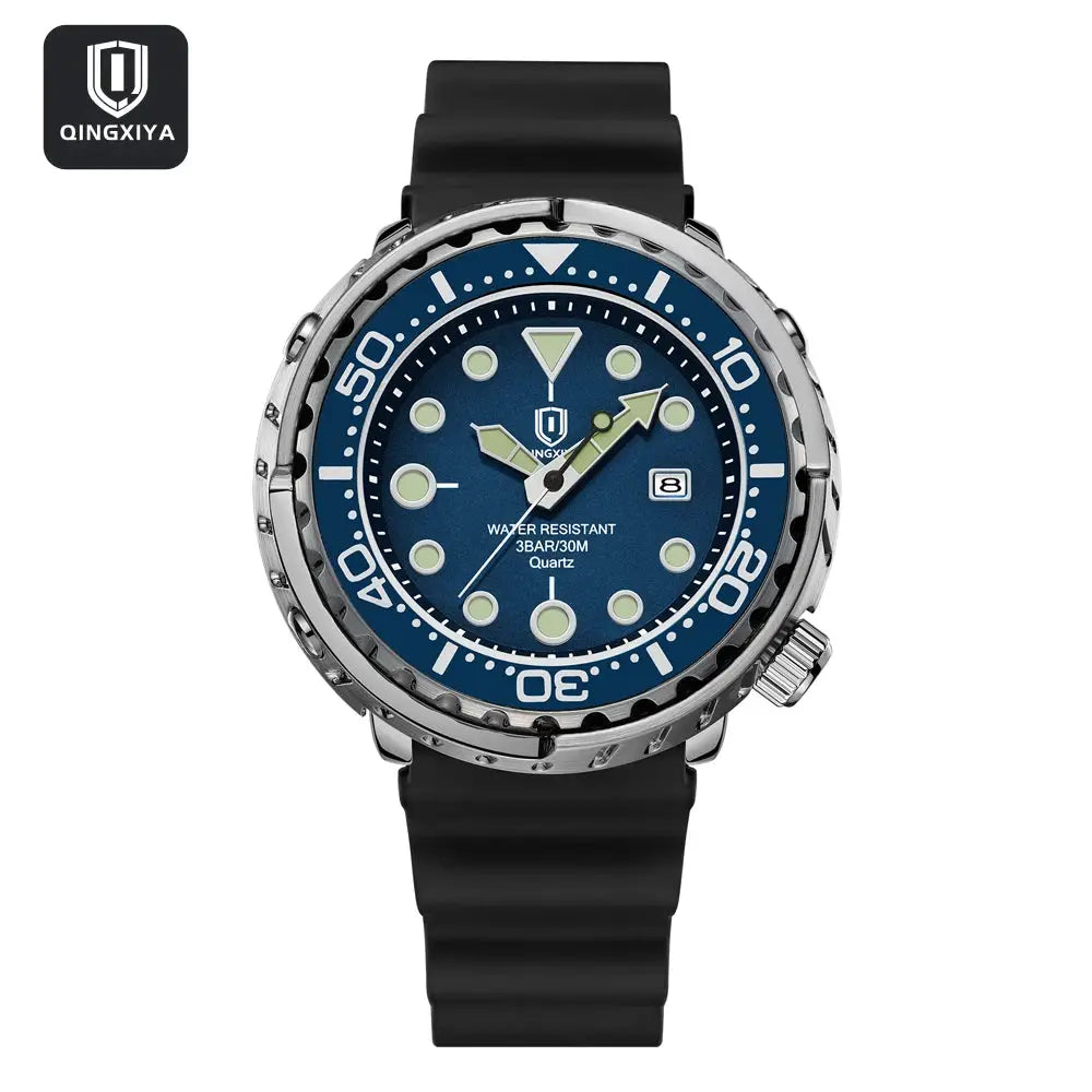 QINGXIYA men's sport quartz watch with blue dial and black silicone strap