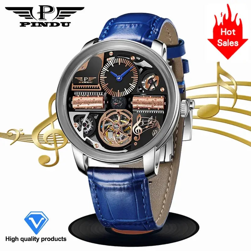 PINDU skeleton watch men, blue leather strap, stainless steel case, automatic movement