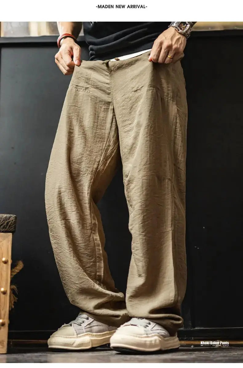 Maden men's vintage linen-blend chinos, khaki baker pants with elastic waist, wide-leg style