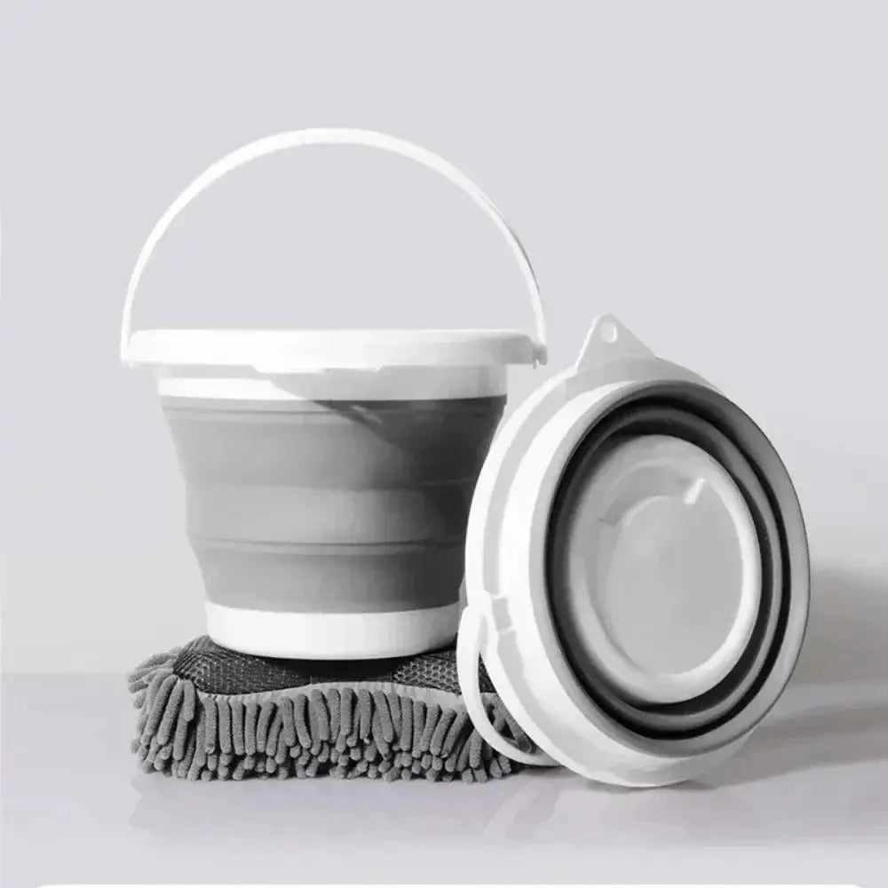 3-Liter foldable bucket with white handle, gray collapsible for car wash and camping