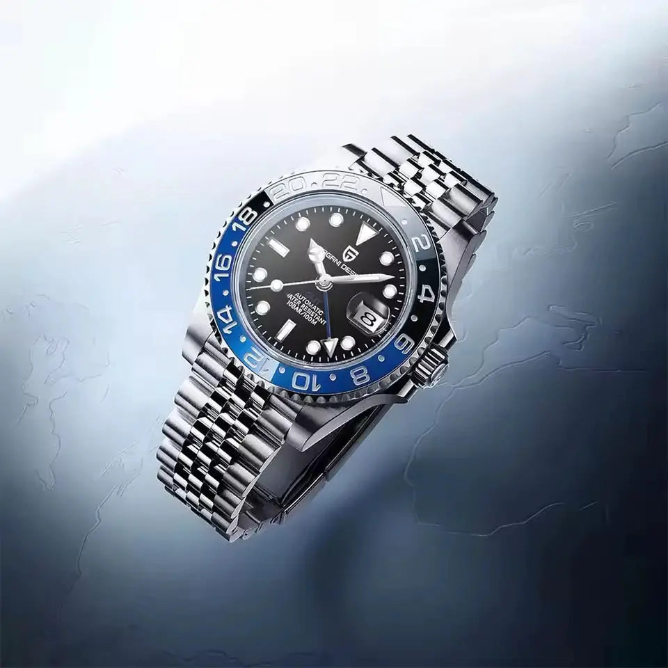 PAGANI DESIGN 40mm GMT wristwatch with stainless steel bracelet and blue/black bezel, date window
