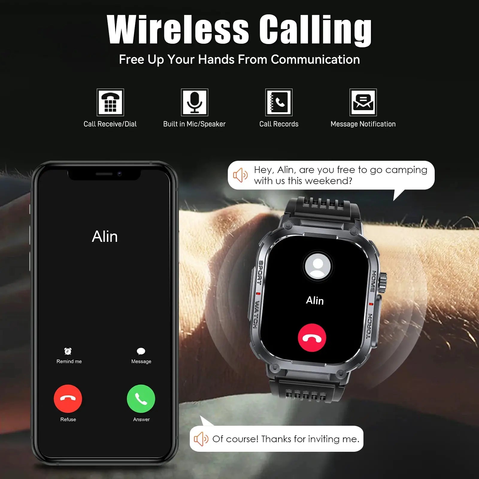 Smartwatch with a metal gray case and LED display beside a smartphone, showing wireless calling features (2 devices)
