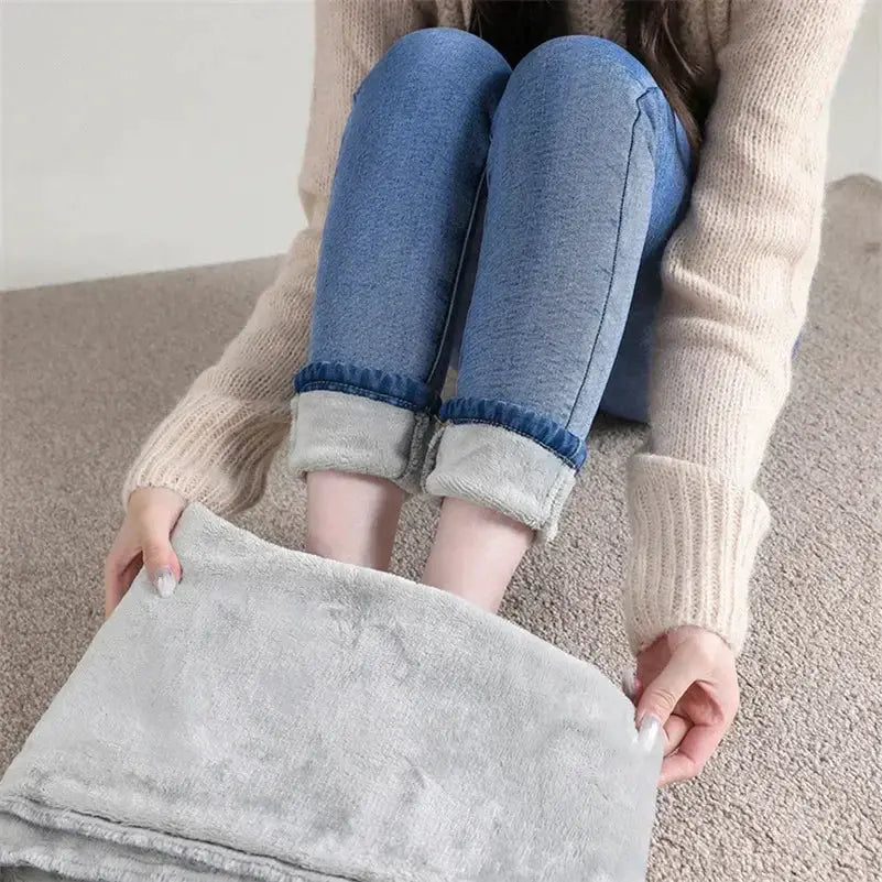 Women Thermal Skinny Jeans With Plush Lining Warm Winter Denim Pants