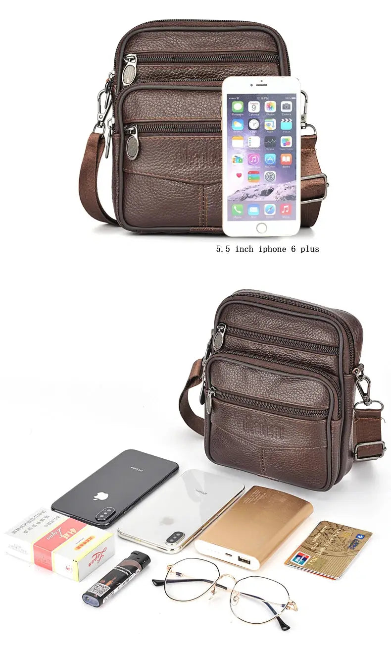Simples Market men's genuine leather crossbody bag in brown with multiple zipper pockets and adjustable strap