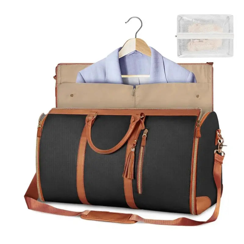 Simples Market foldable PU leather travel duffel bag in black with tan trim; beige lining shown with shirt, includes mesh pouch