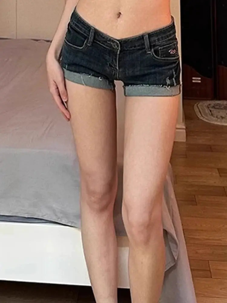 Summer New Women Korean Denim Shorts by Simples Market, deep blue low-rise with rolled hems and distressed edges