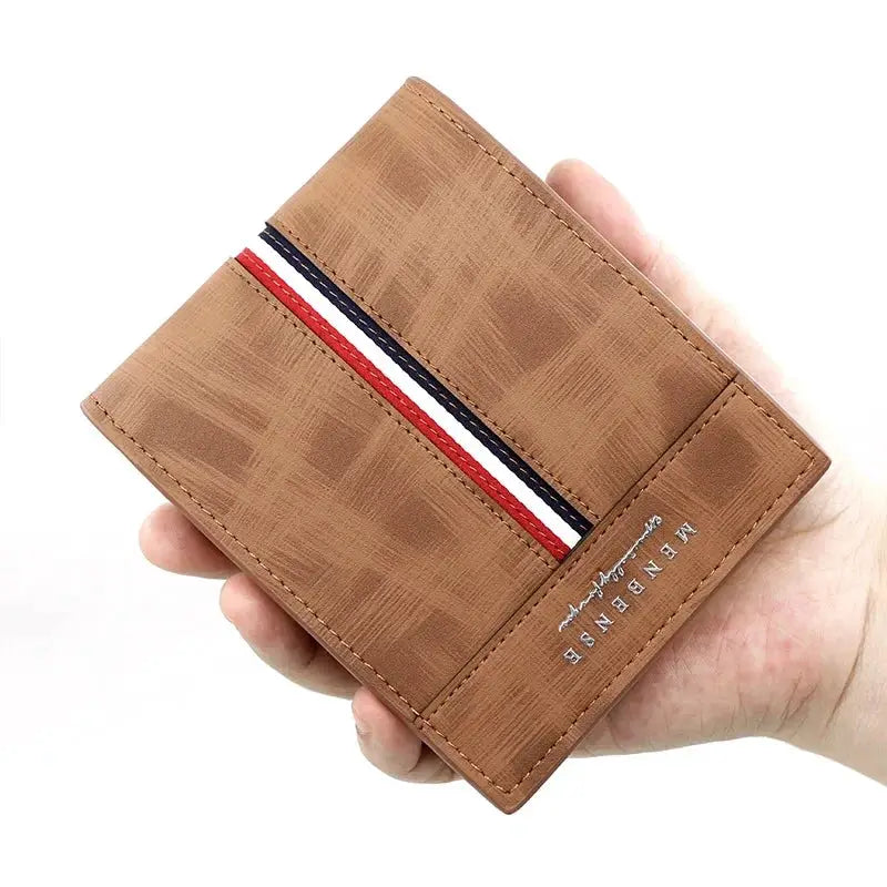 Slim men's wallet in brown PU leather with red, white and navy stripe by Simples Market