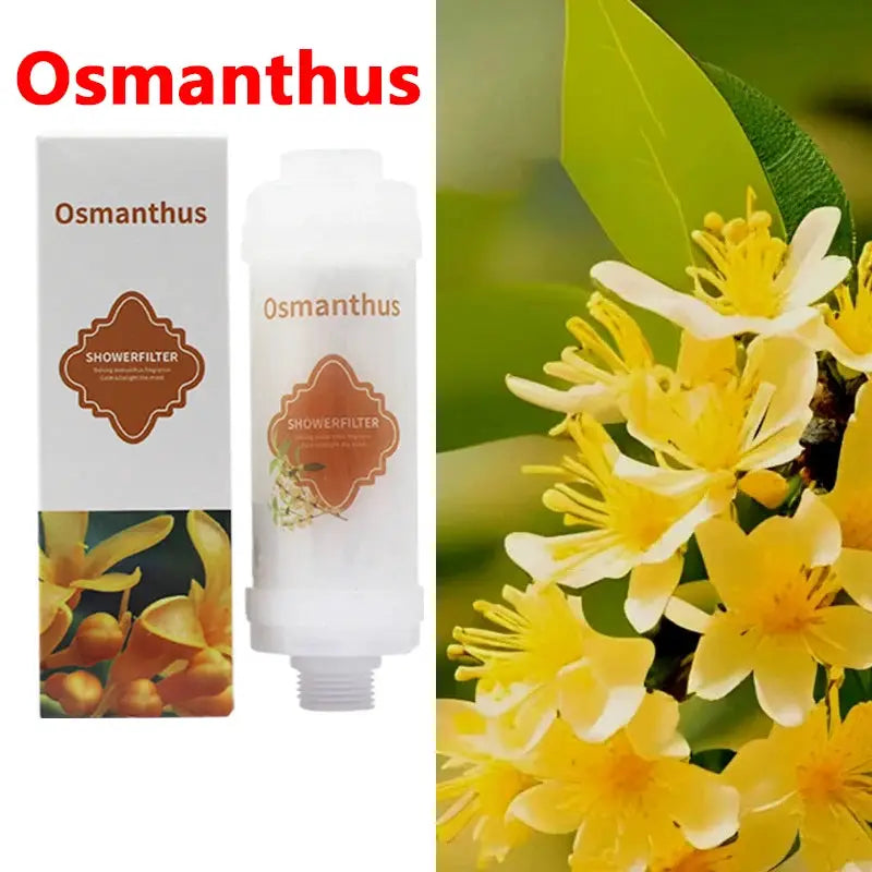 Shower filter Osmanthus bottle and box with white bottle and brown label, yellow osmanthus blossoms in background