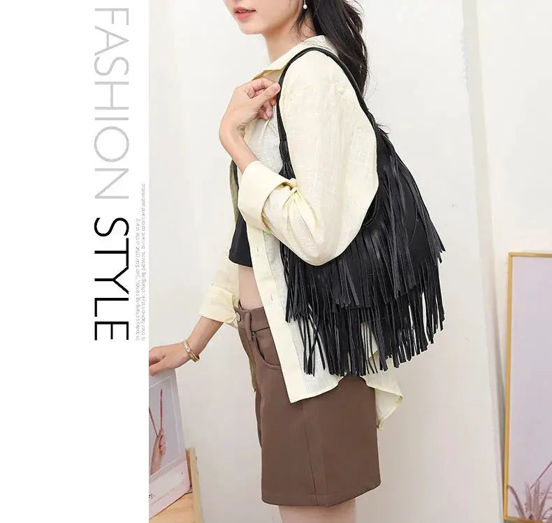 Long tassels women handbag Simples Market black PU leather fringe shoulder bag