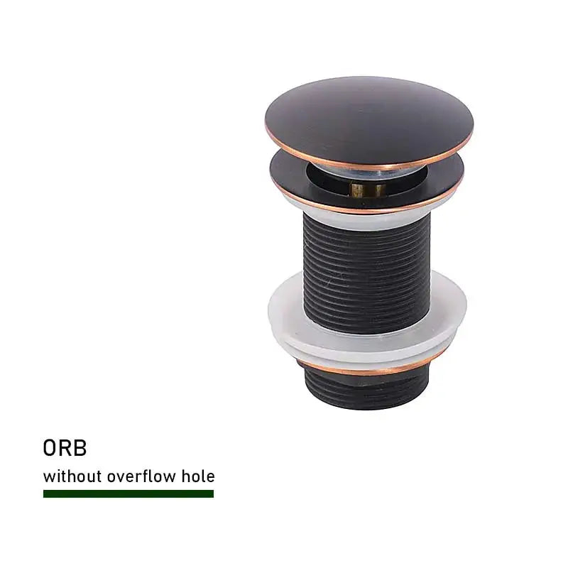 Bathroom sink stopper drain, ORB finish by Simples Market, push-down, black with bronze rings, without overflow hole.