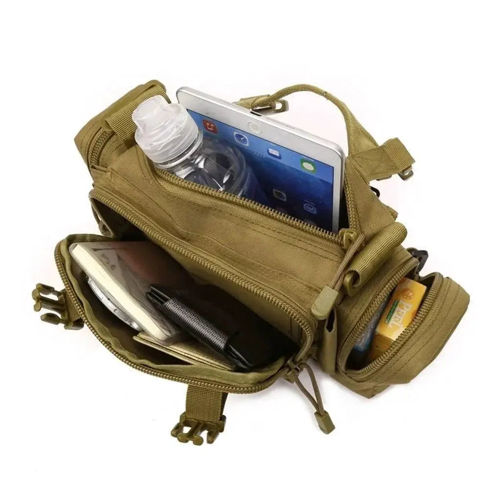 Multifunctional outdoor tactical waist and chest bag showing organized compartments for gear, water bottle, and electronic devices.