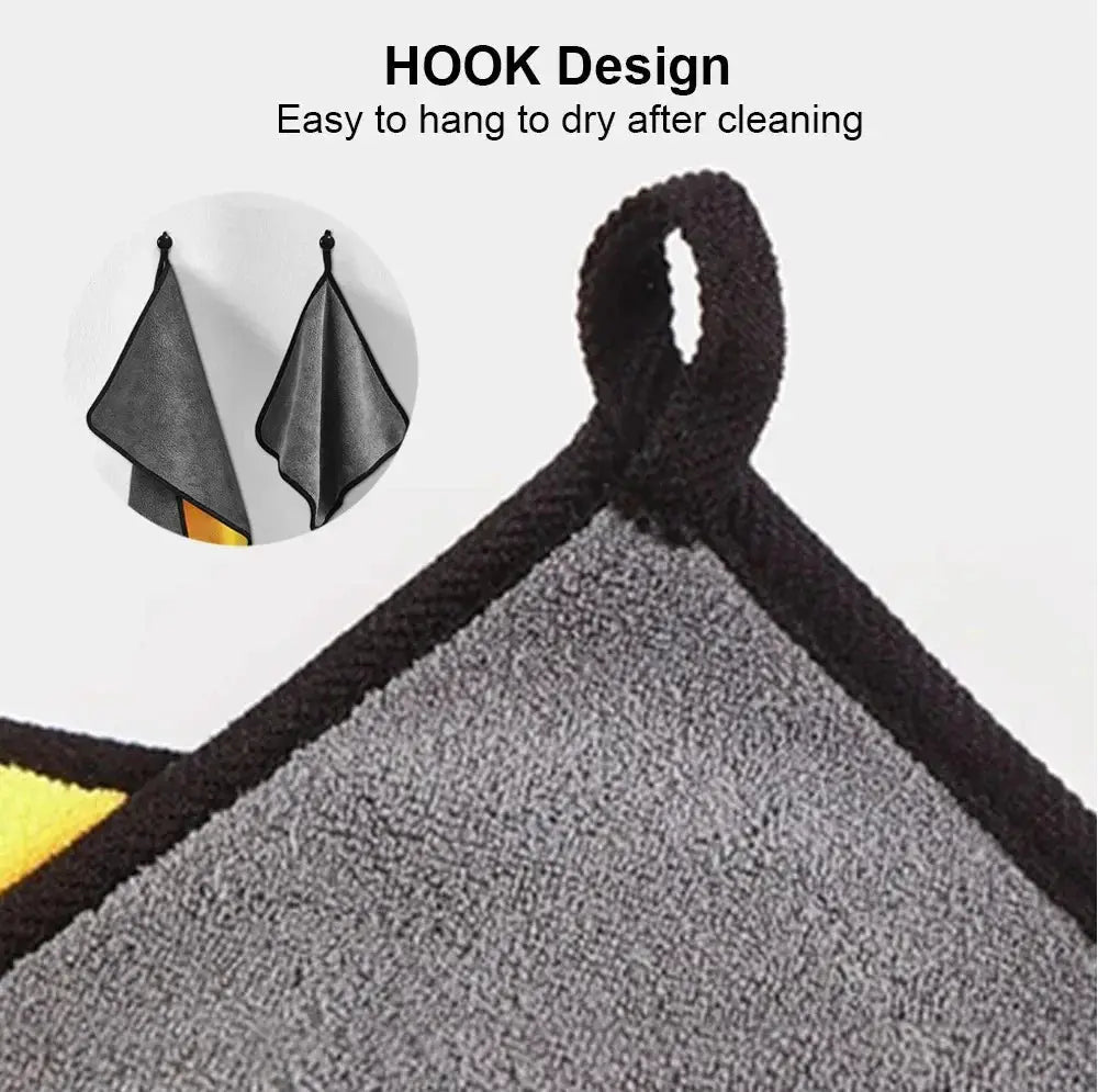 Car wash microfiber towel by Simples Market with hanging loop, gray with black trim and yellow accent.