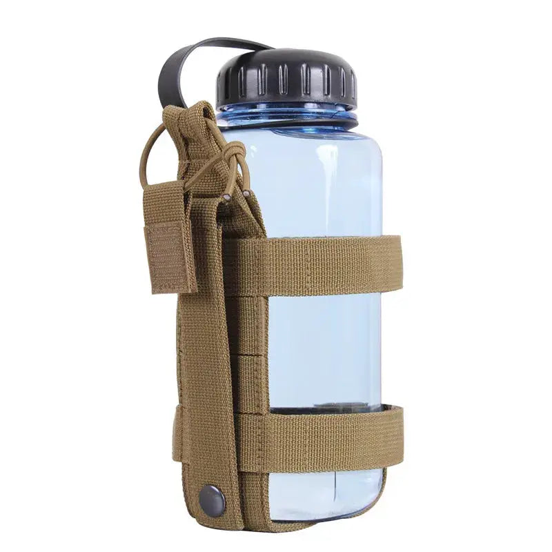 Molle water bottle pouch by Simples Market, tan tactical nylon bottle carrier with front straps