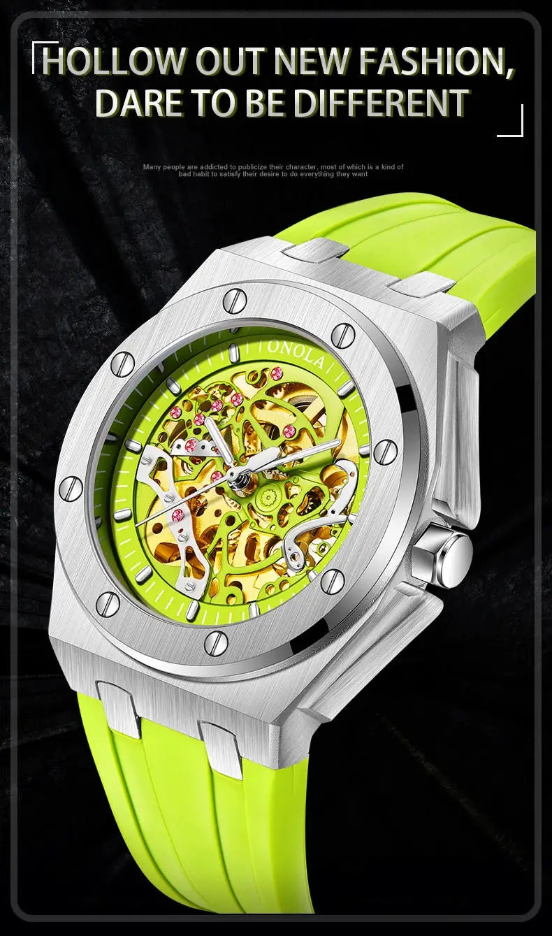 ONOLA watch, men's sport wristwatch with neon lime strap, skeleton dial, stainless steel case, automatic movement.