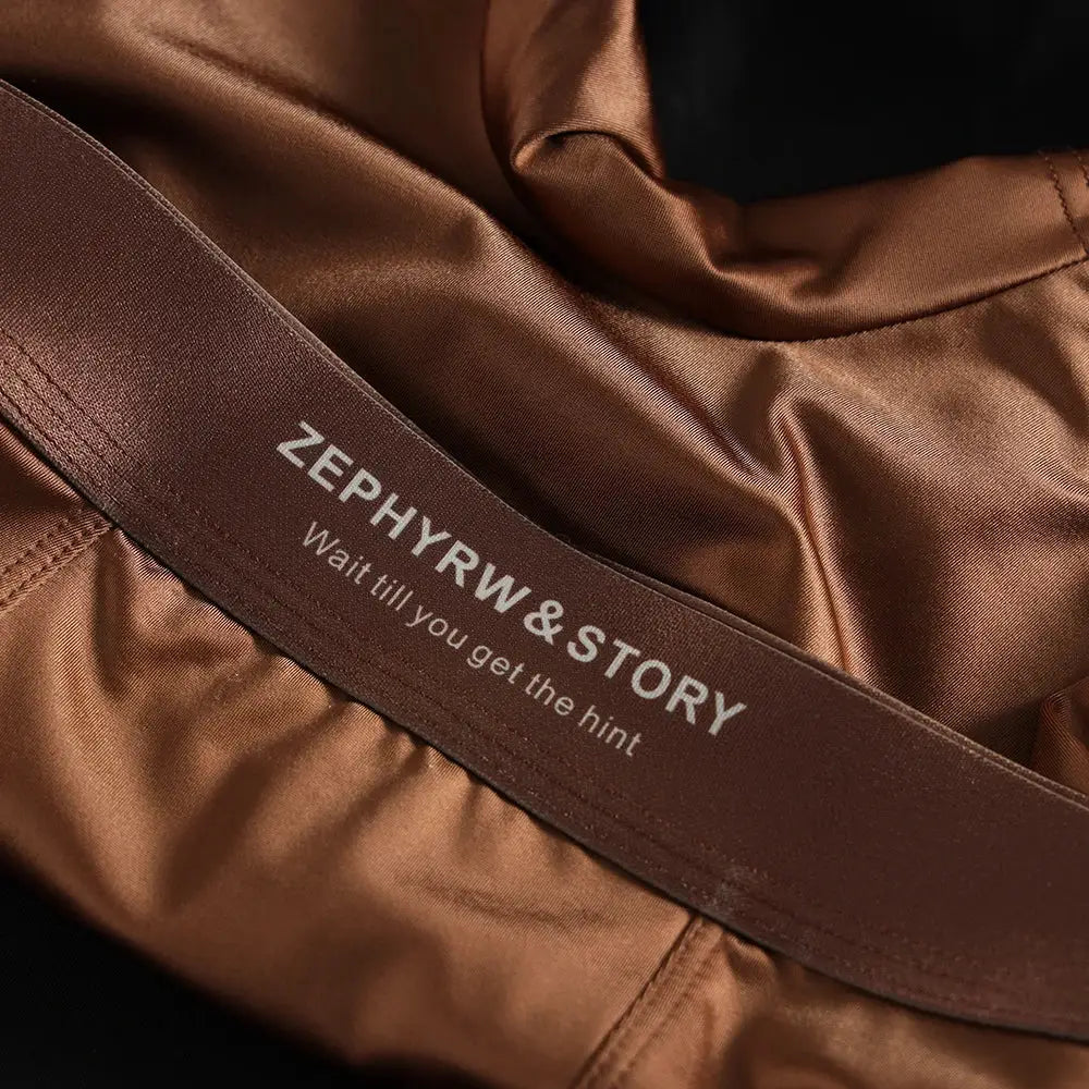 Women's satin-like panties by Zephyr & Story with brown waistband close-up.