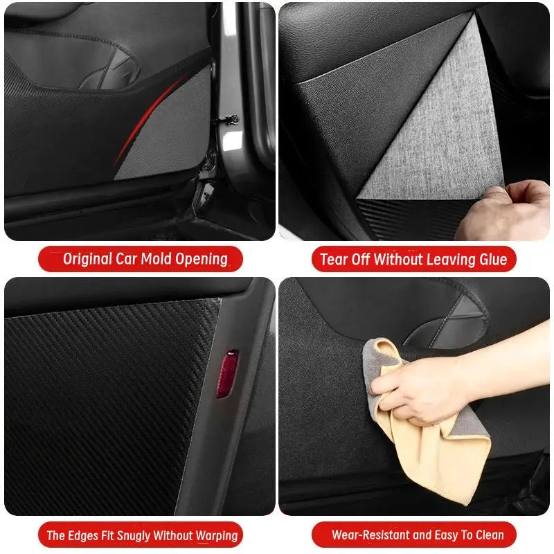 Car door anti-kick pad kit for Tesla Model Y Juniper leather trim by Simples Market, peel-and-stick interior protector