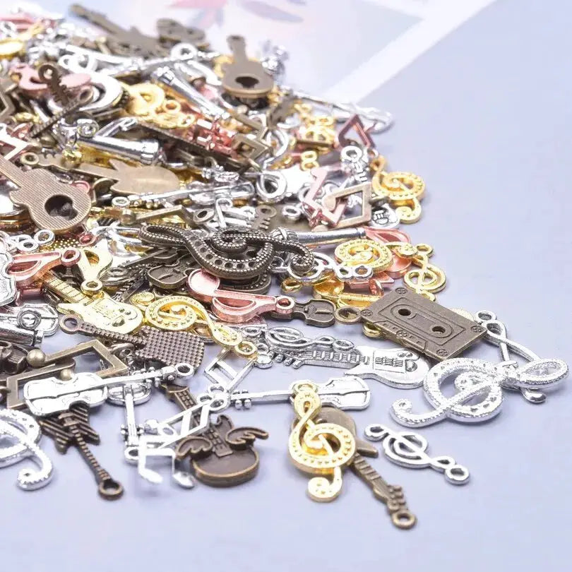 50 Pcs Lot Vintage Hip Hop Musical Instrument Charms For DIY Jewelry Mixed Violin Guitar Microphone Pendants