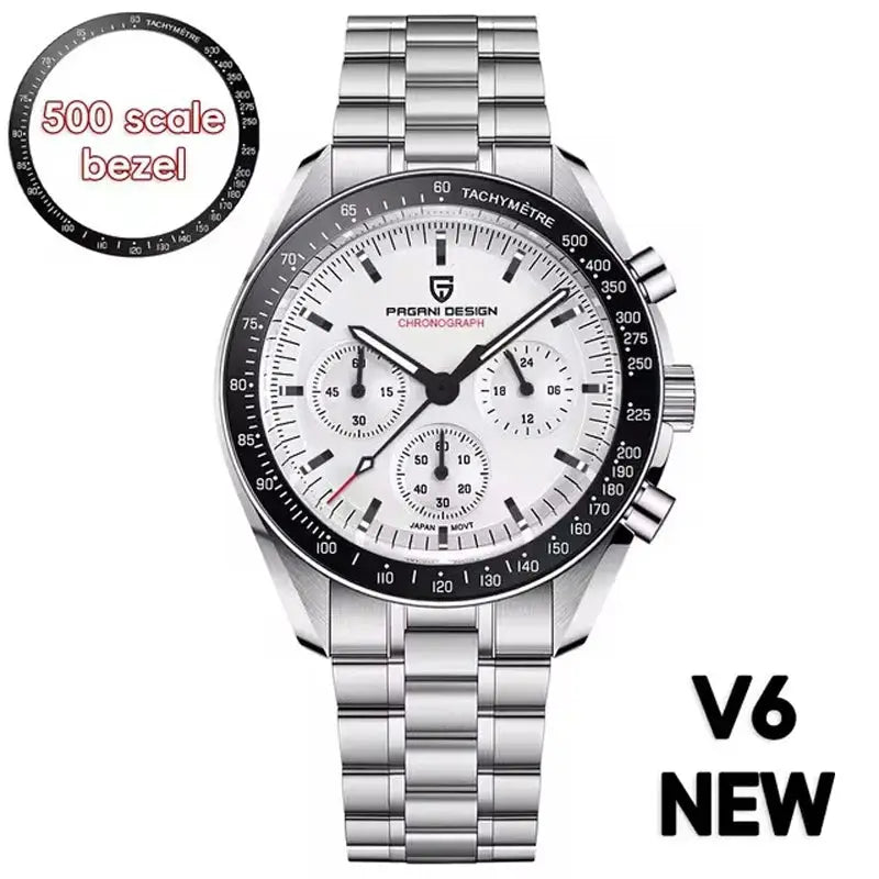 PAGANI DESIGN PD1701 chronograph men's wristwatch with white dial, silver stainless steel bracelet and tachymeter bezel.