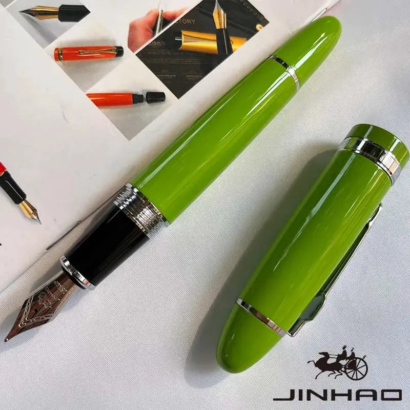 2 Jinhao green fountain pens with silver trim in a classic design; one capped, one uncapped showing the nib.