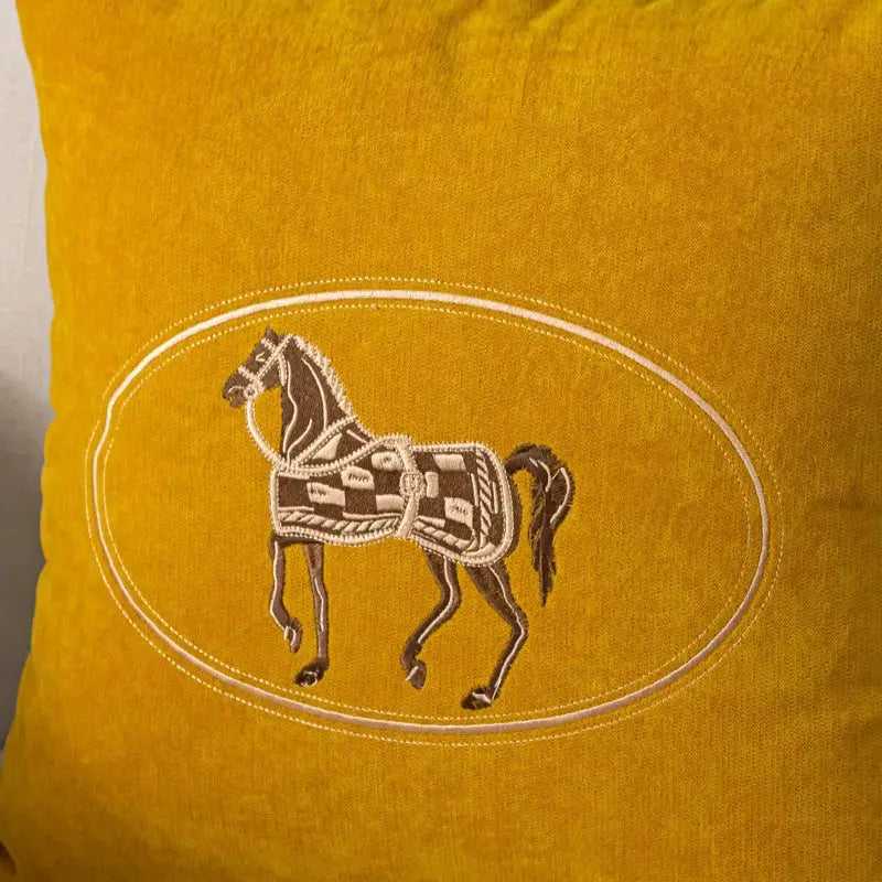 Cushion cover, mustard yellow with American hand-embroidered horse inside a white oval, 45x45 cm, Simples Market