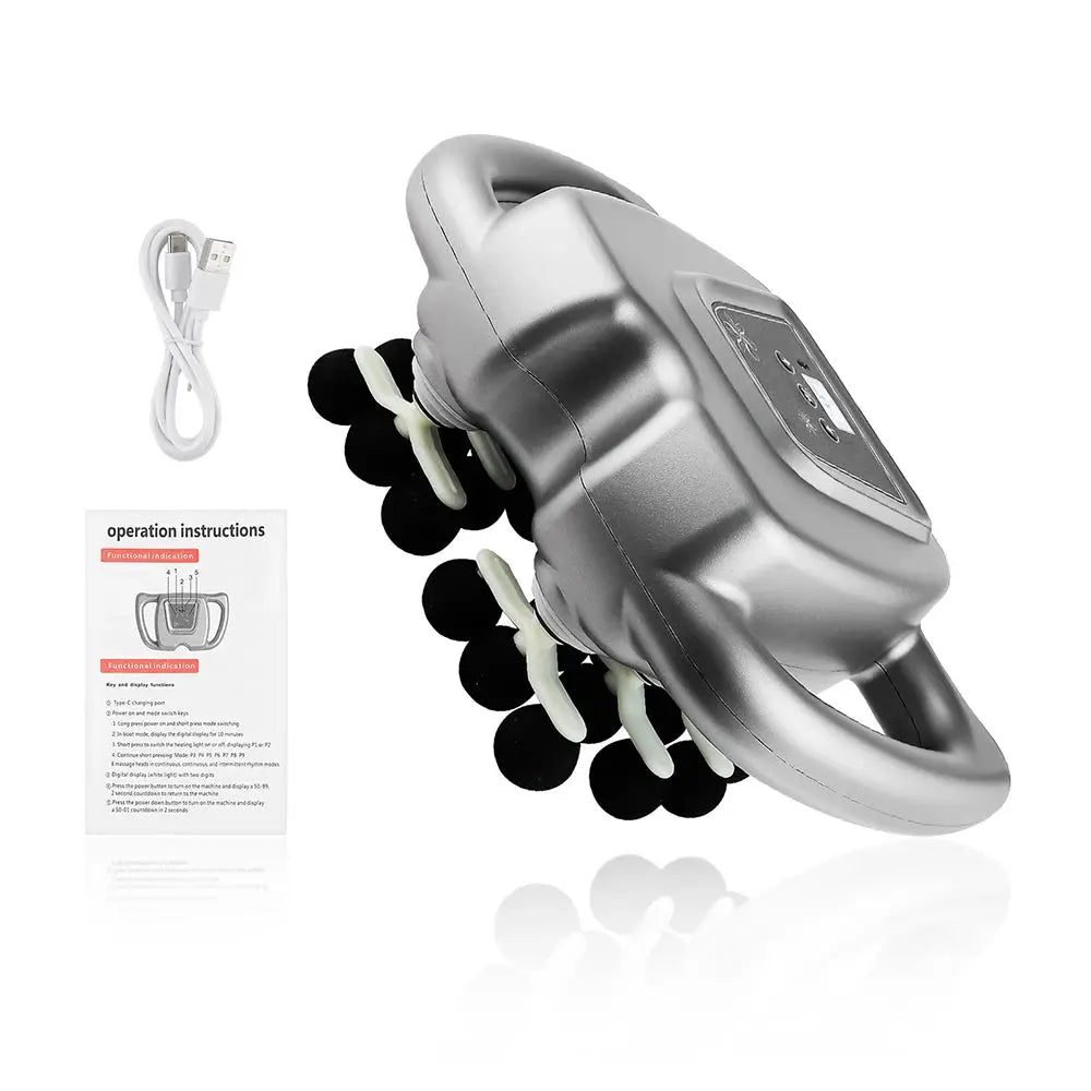 Simples Market 42-Head fascia gun high-frequency massager, silver body; 3-piece set with USB cable and manual.