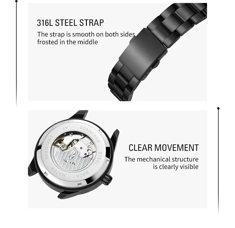 SKROX luxury sapphire stainless steel automatic men's wrist watch with black stainless strap and visible movement
