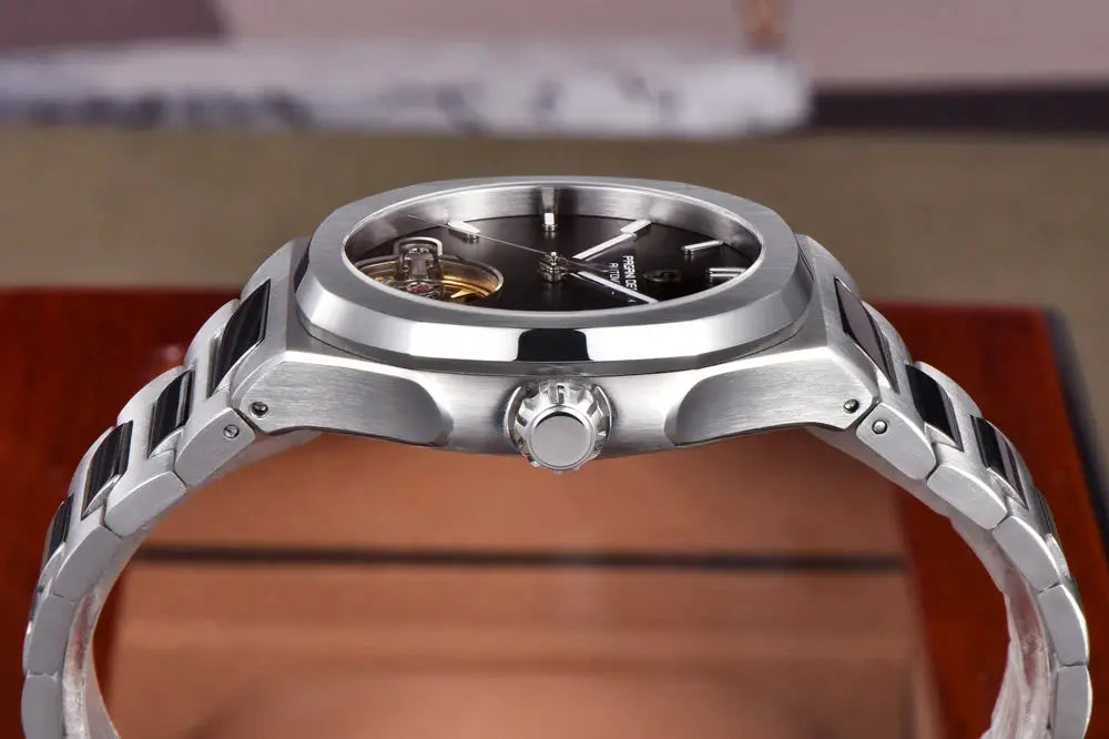 PAGANI DESIGN men's skeleton automatic wristwatch in stainless steel with black dial