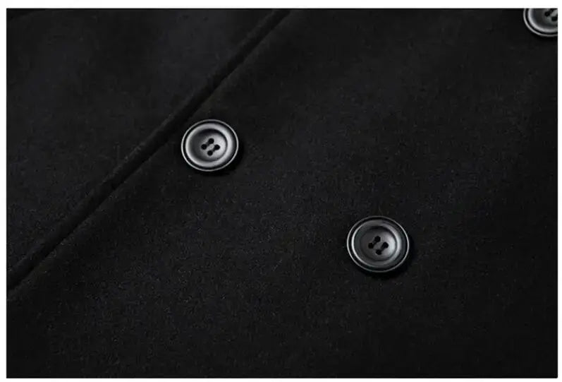 Men's black double-breasted wool coat with dark buttons, warm winter overcoat