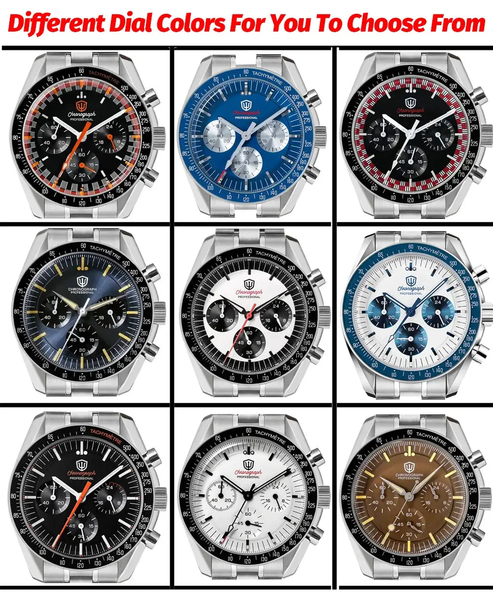 Chronograph watches: 12 stainless steel models in assorted dial colors