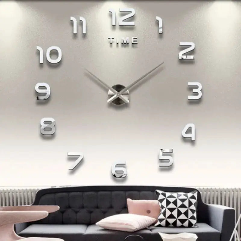 Large 3D wall clock with oversized white numerals and silver hands, modern living room decor