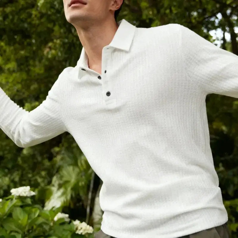 Men's white long-sleeve polo shirt by Simples Market, breathable solid-color casual top