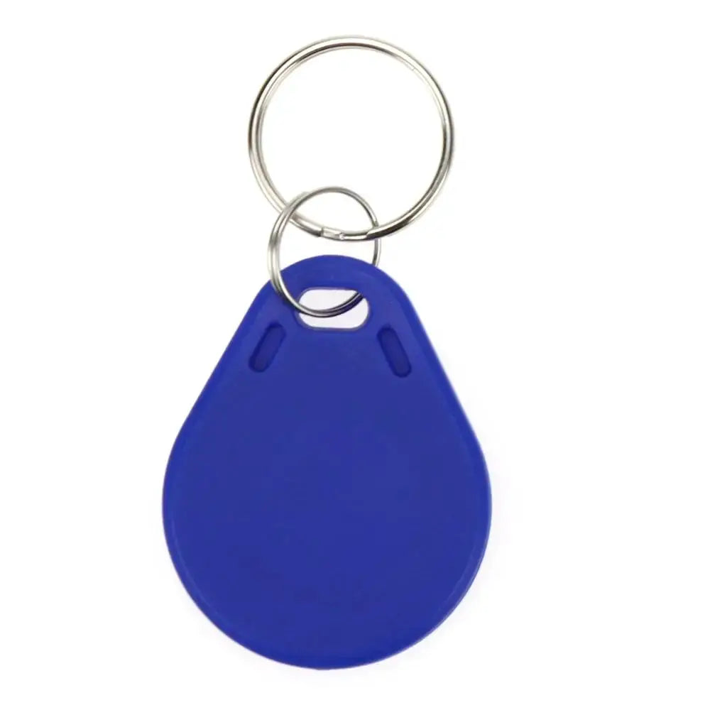 Blue plastic RFID access control key fob with a metal key ring