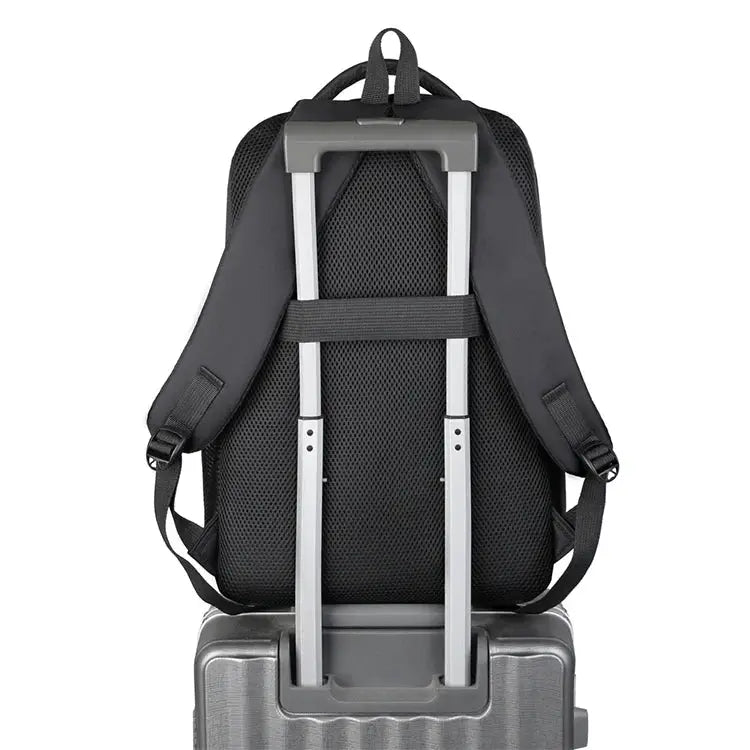 Simples Market travel backpack attached to a rolling suitcase; black backpack with padded back and adjustable straps.