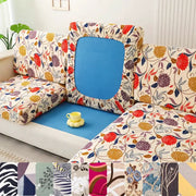 Floral printed stretch sofa slipcover set with blue backrest panel for L-shaped couch