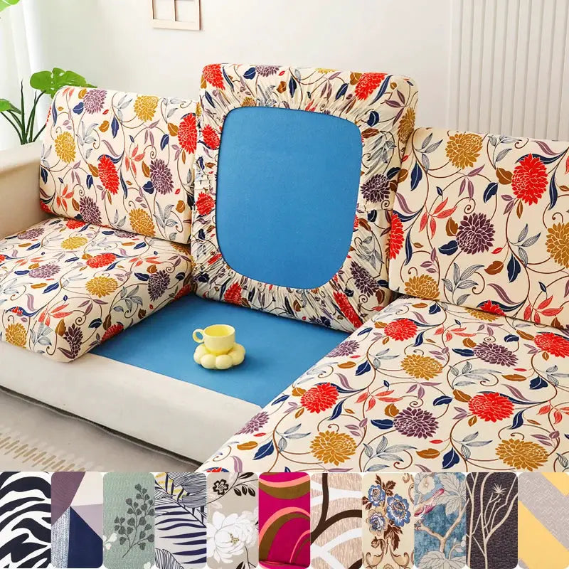 Floral printed stretch sofa slipcover set with blue backrest panel for L-shaped couch