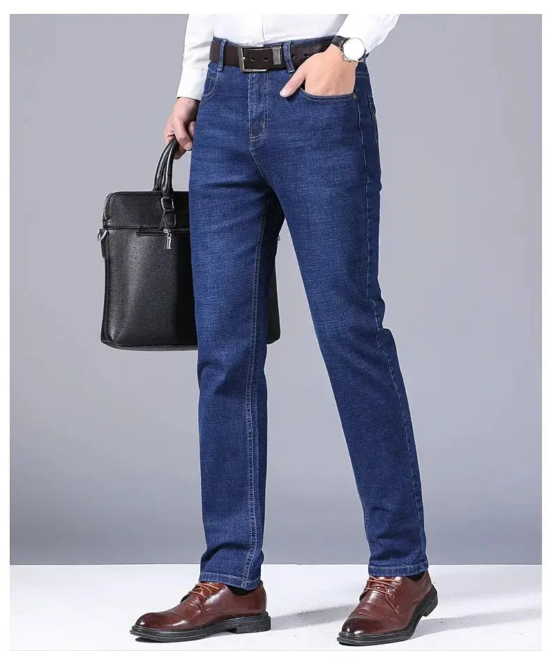 Men's blue denim straight jeans with stretch, slim fit, Simples Market brand
