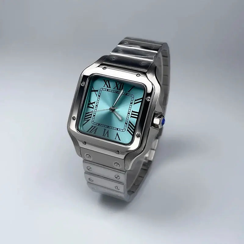 38mm square men's luxury automatic watch with turquoise dial and stainless steel strap; no date.