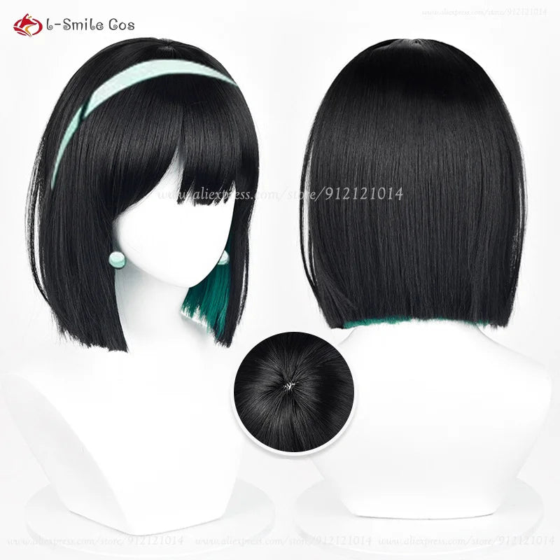 Anime Sua cosplay wig by Simples Market, 30cm black-green bob with mint headband, heat-resistant synthetic hair
