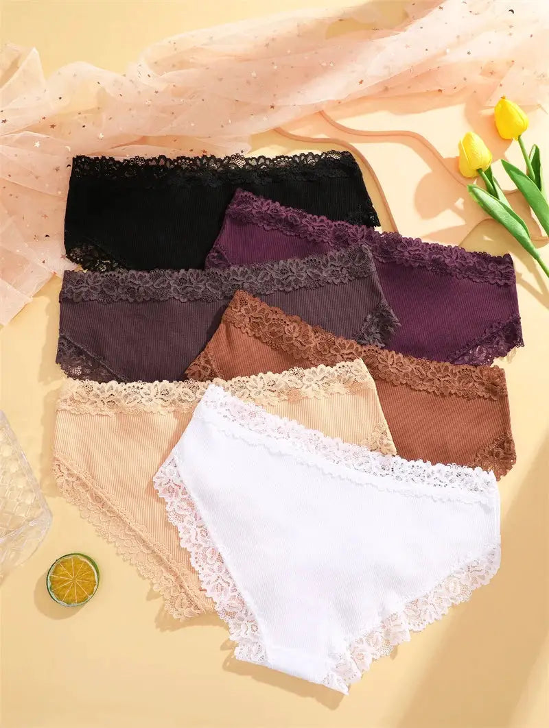6-pair lace-trim cotton panties for women in black, purple, mauve, brown, beige and white