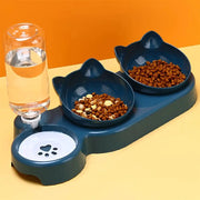 Pet Bowls With Water Feeder, blue 3-in-1 cat-ear set with two food bowls and gravity water bottle.