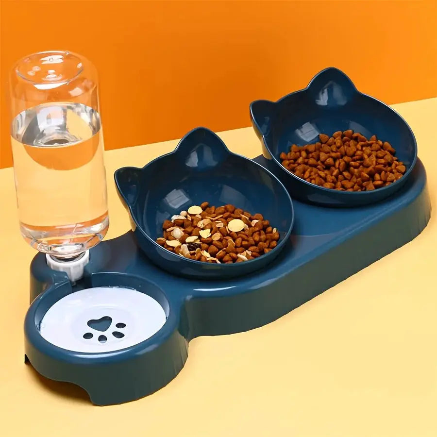 Pet Bowls With Water Feeder, blue 3-in-1 cat-ear set with two food bowls and gravity water bottle.