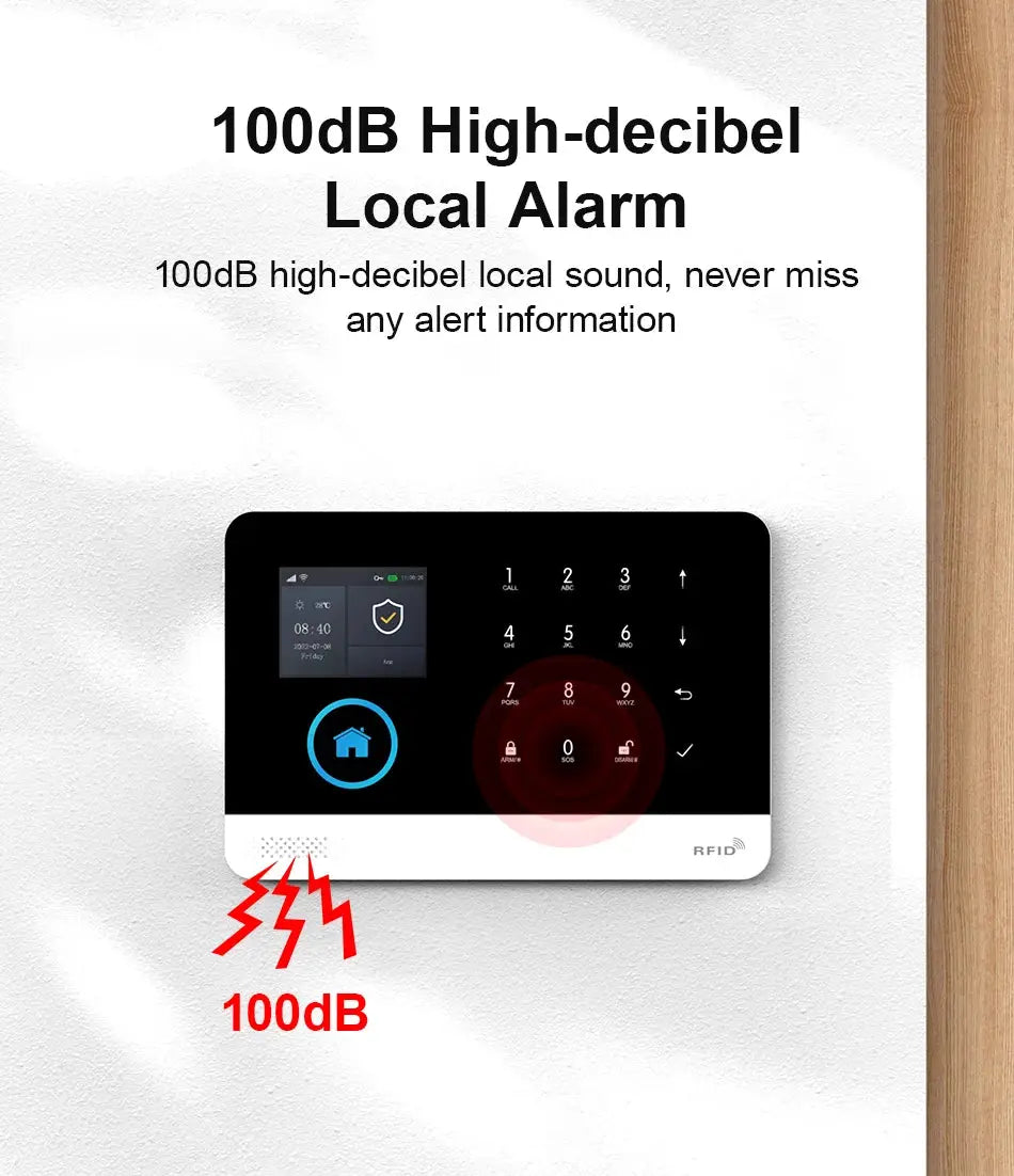 PGST 4G 2G WiFi GSM wireless alarm system by Simples Market, wall-mounted black security panel with blue home icon