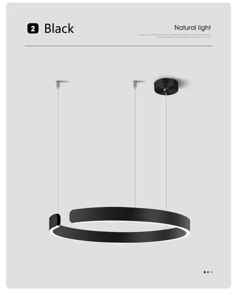 Nordic ring LED pendant lamp, black metal chandelier with two circular rings hanging from cables