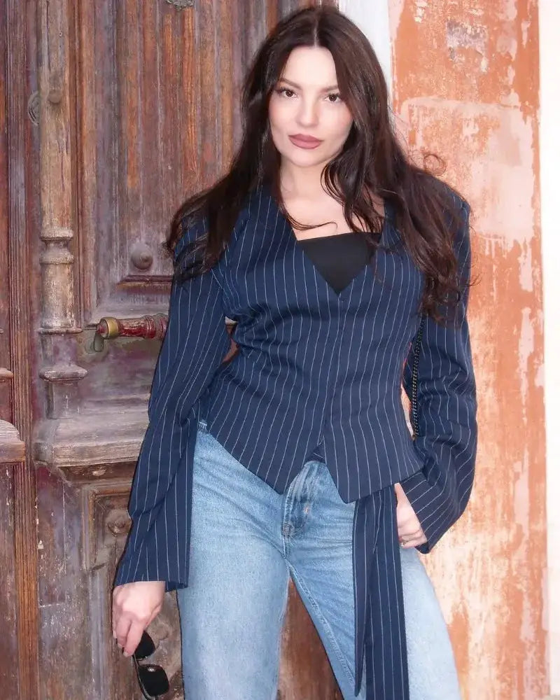 Trendix Elegant Blazer 2 Piece Set by Simples Market in navy pinstripe with V-neck blazer and long tie belt