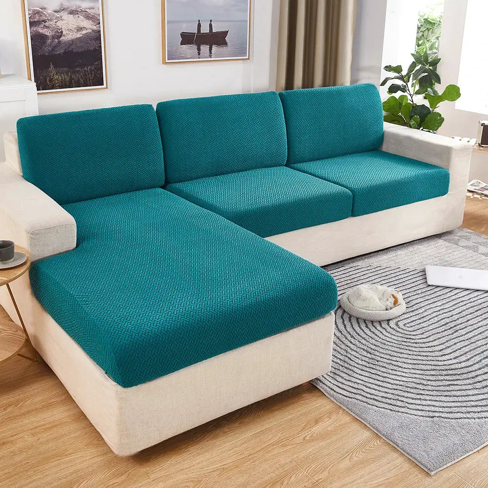 Teal jacquard sofa seat cushion covers set for 4 cushions; removable anti-dust slipcovers for sofas